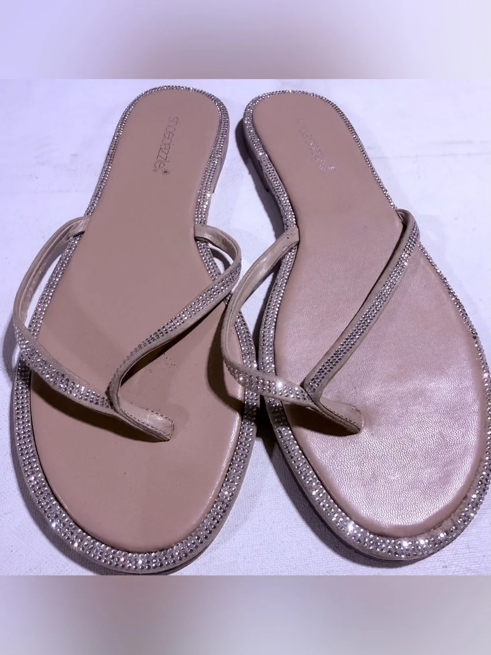 Shoe Dazzle Beige Rhinestone Toe-Loop Sandals
